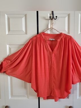 Chicos Braided Batwing Blouse . Orange Sz 2 Us 12. Relaxed Flowy Boho. High Low